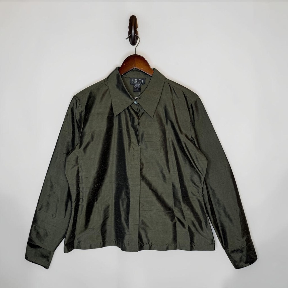 Finity Women's 100% Silk Button Up Top Minimalist Long Sleeve Green NEW sz 14